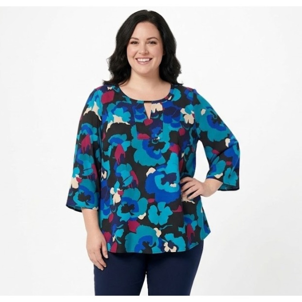New Dana Buchman size XXL Blue Black Floral 3/4 Sleeve Office Preppy Blouse